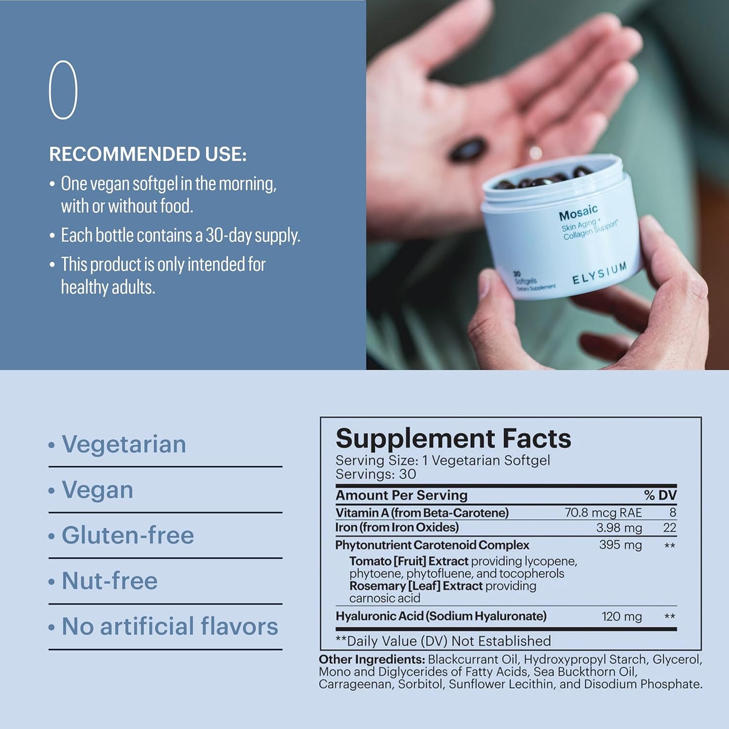 ELYSIUM Mosaic – Hyaluronic Acid & Collagen Supplement – Clinically Proven to Hydrate Skin & Reduce Fine Lines – Fights Visible Signs of Aging – 30-Day Vegan Softgel Supply