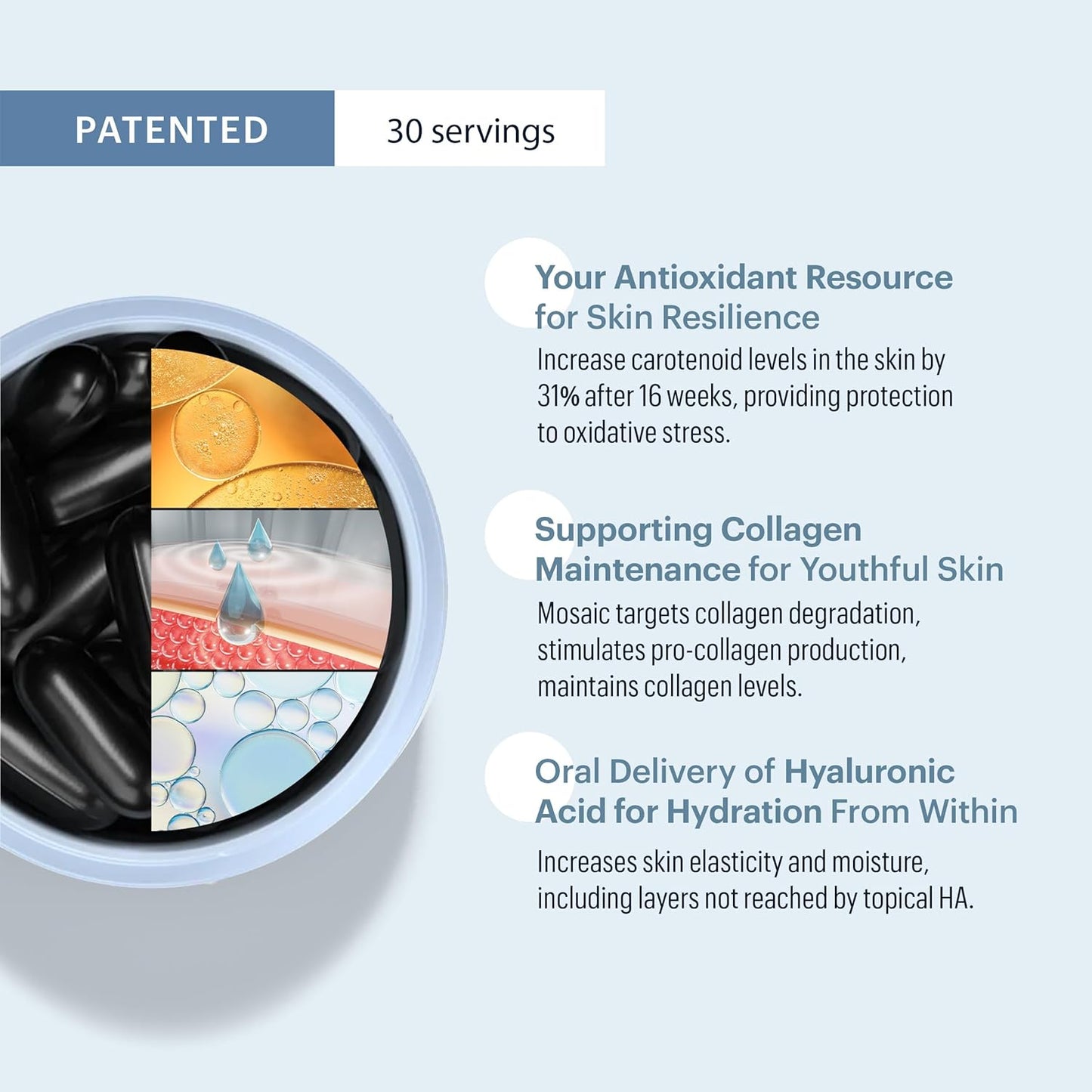 ELYSIUM Mosaic – Hyaluronic Acid & Collagen Supplement – Clinically Proven to Hydrate Skin & Reduce Fine Lines – Fights Visible Signs of Aging – 30-Day Vegan Softgel Supply